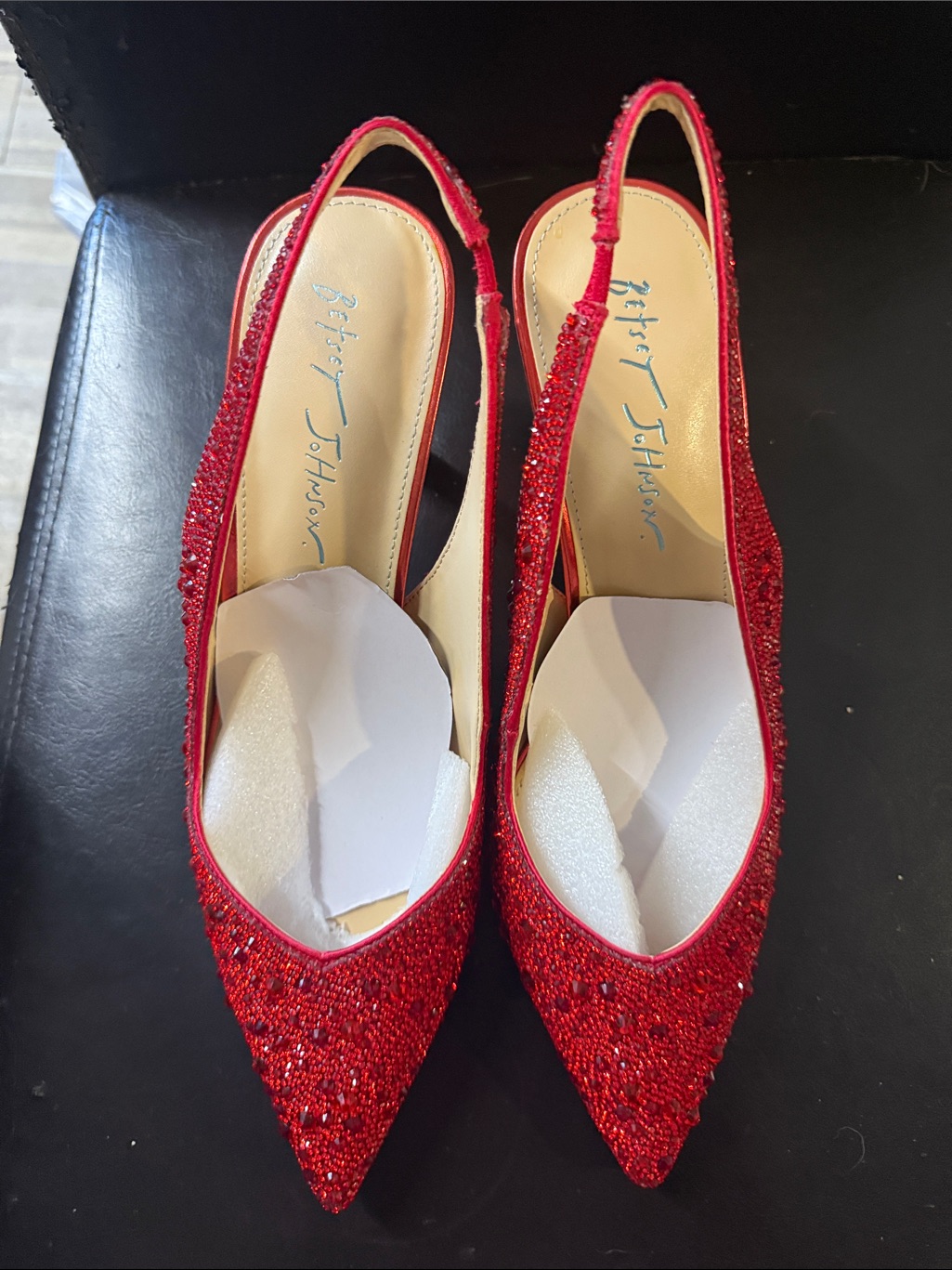 Betsey Johnson Red Glitter Slingback Pointed Toe Heels